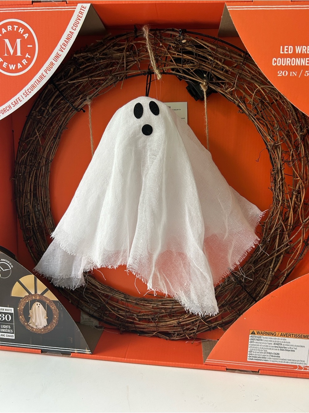 VIRAL Martha Stewart White Ghost Halloween Hanging Door Wreath Decoration LED